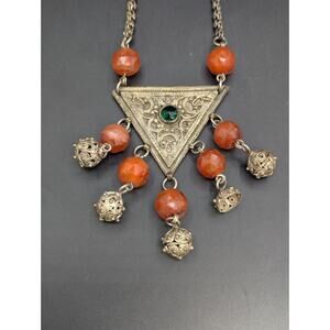 Antique Uzbek Turkmen Tumar Style Necklace Carnelian Beads Filigree Amulet 30"